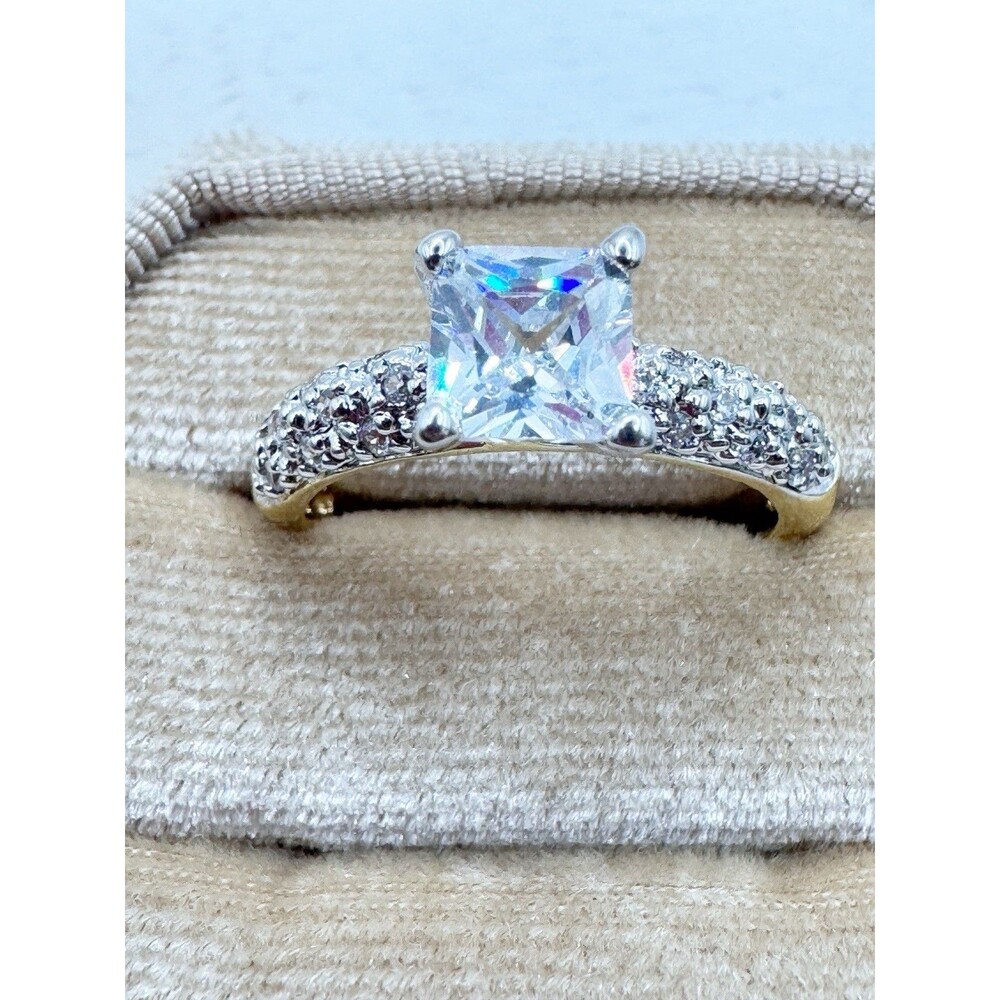Palm Beach Princess Cut CZ Pave Gold Plated Engagement Ring Travel Size 8